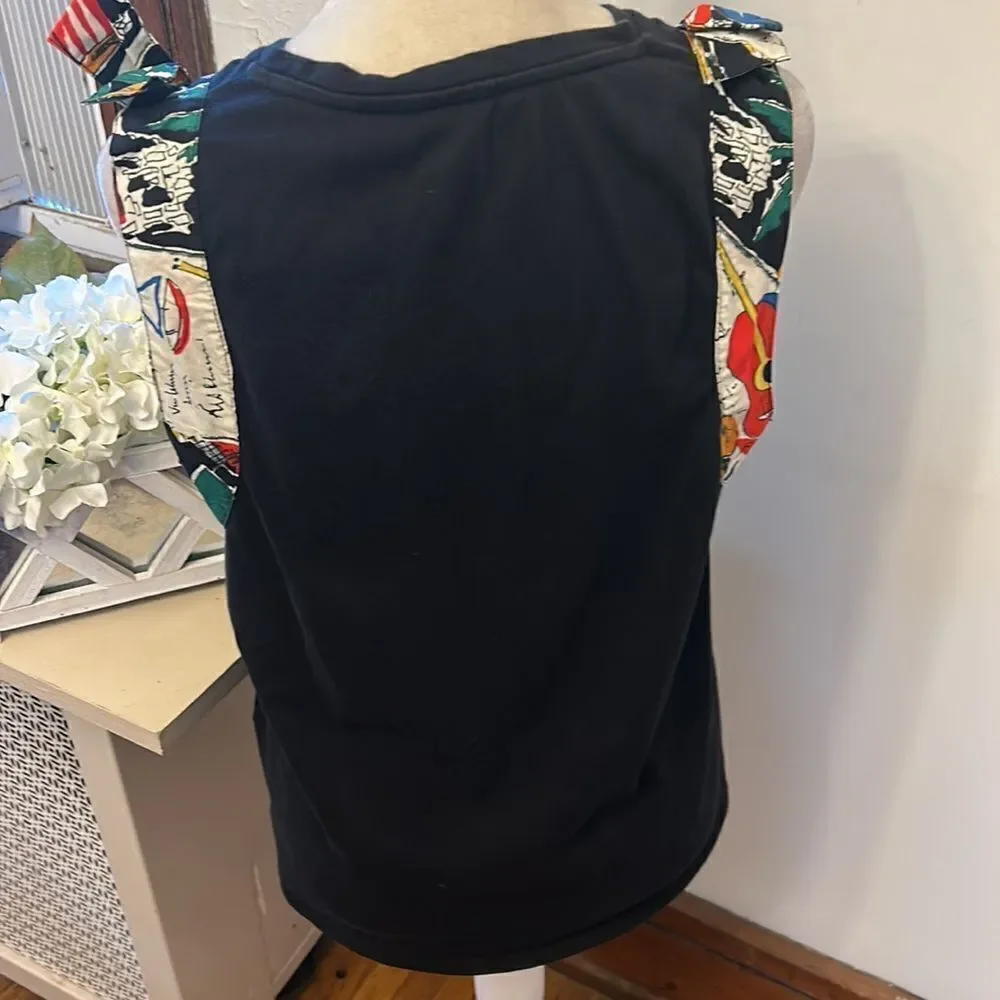 J Crew black sleeveless multicolored bow tie cotton blouse Size M EUC